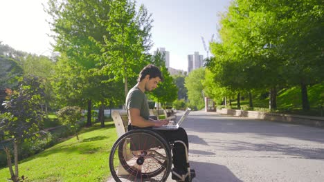 Behinderter-Teenager-Sitzt-Im-Rollstuhl-Und-Arbeitet-Mit-Laptop.